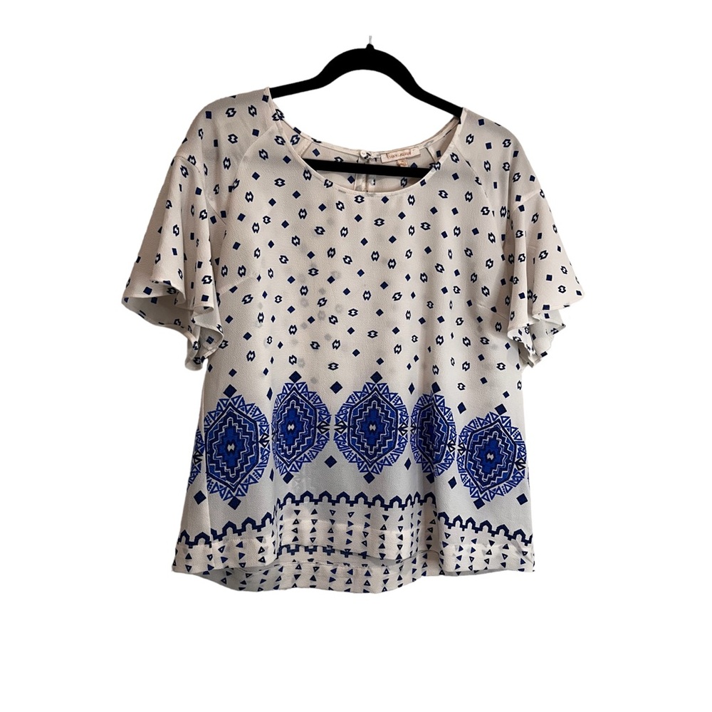 Skies Are Blue Geometric Floral Short Flutter Sleeve Keyhole Top Womens Size L